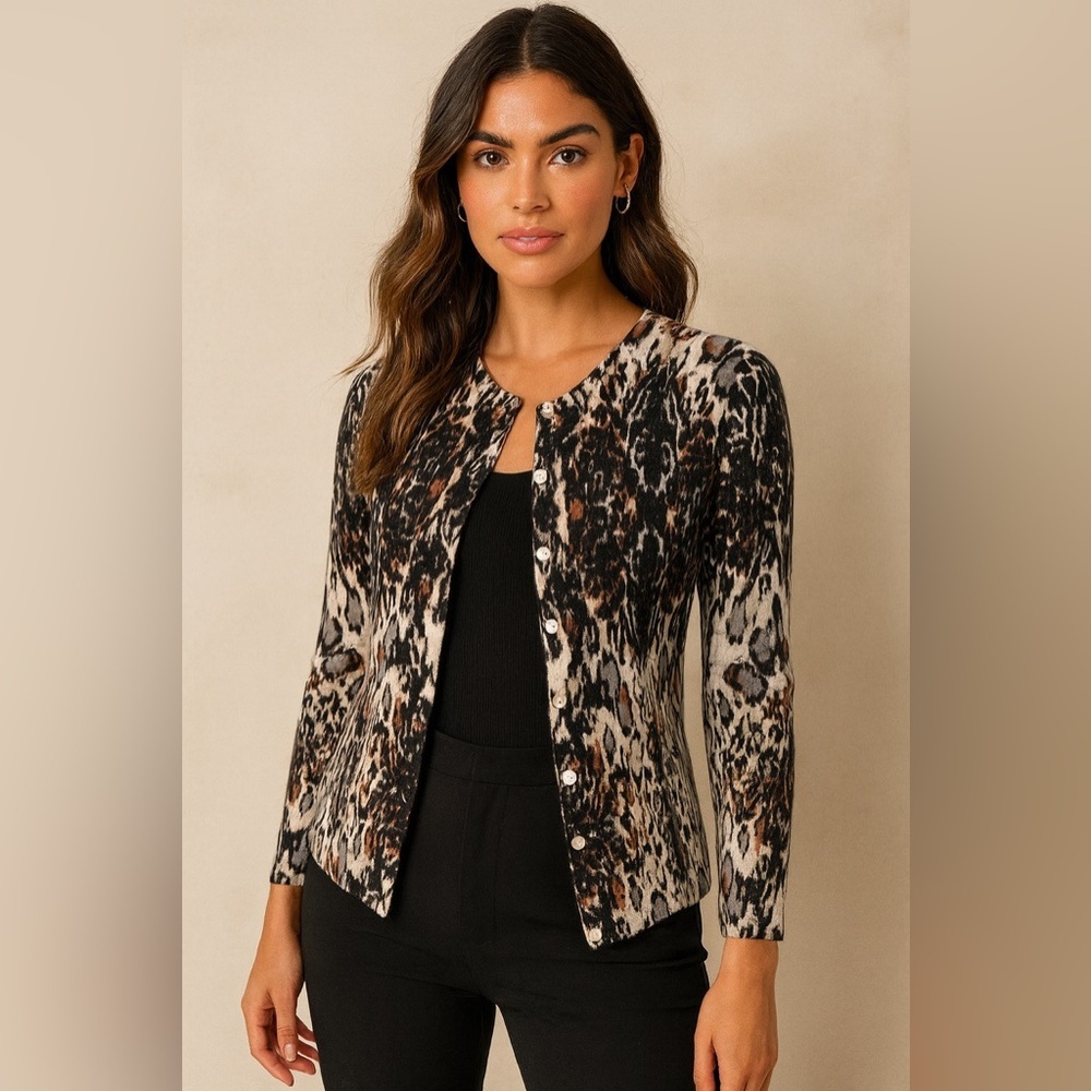 Garnet Hill 100% Merino Cardigan copper blue back abstract print size Small‌‌‌‌‌